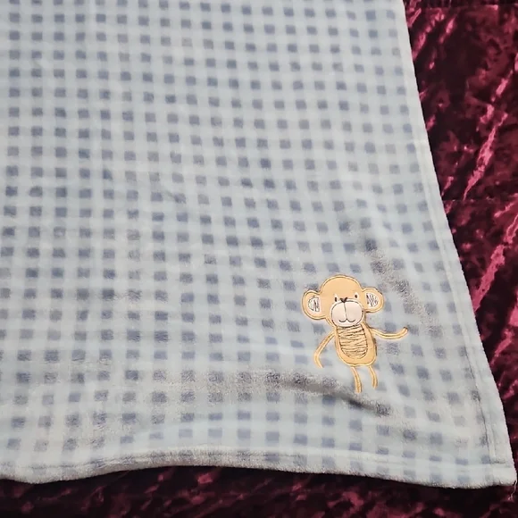 Blue Checkered Baby Blanket with Monkey Design - Picture 1 of 3